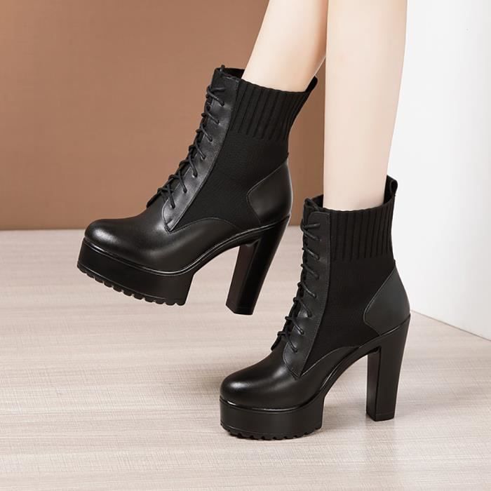 Bottes femme grande taille en cuir PU 12 CM talon haut nouvel hiver 2020 a lacets avec cotes noir Noir Cdiscount Chaussures