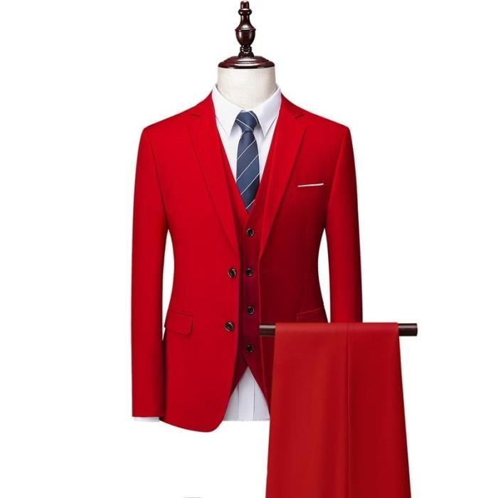 Costume Homme Mariage Pièces Slim Fit Vetement Formel Elegant Couleur  Unie Revers Cranté Rouge