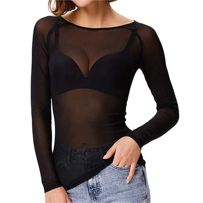Sasaquoy Chemisier Blouse Liquette en maille transparent a manches longues sans couture pour femmes Noir Noir Cdiscount Pret a Porter