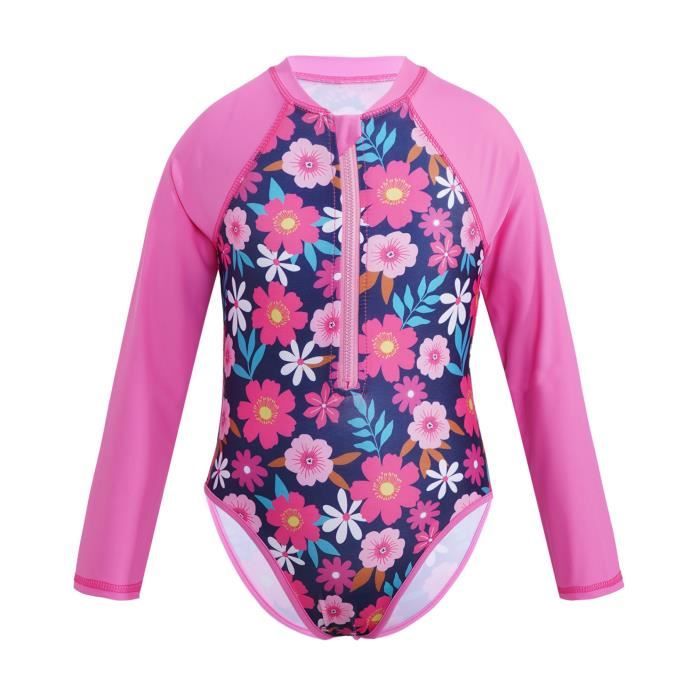 inhzoy Enfant Fille Maillot de Bain Une Pièce Imprimé Combinaison Natation Manches Longues Body Plage Sport Été Swimwear 3-16 Ans