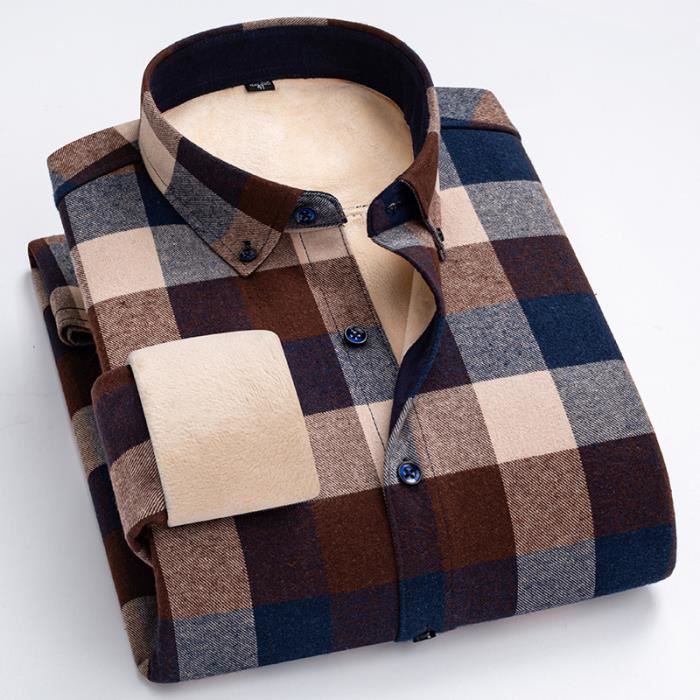 Chemise Hiver Carreaux Homme Doublee Polaire Manches Longues Chemise Coton Chaude Epaisse Col Boutonne Marron Cdiscount Pret a Porter