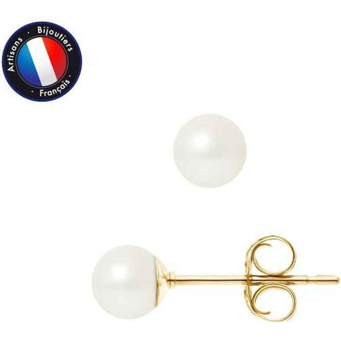 PERLINEA - Boucles d'Oreilles - Véritables Perles de Culture d'Eau Douce Rondes 5-6 mm Blanc Naturel - Or Jaune - Bijoux Femme