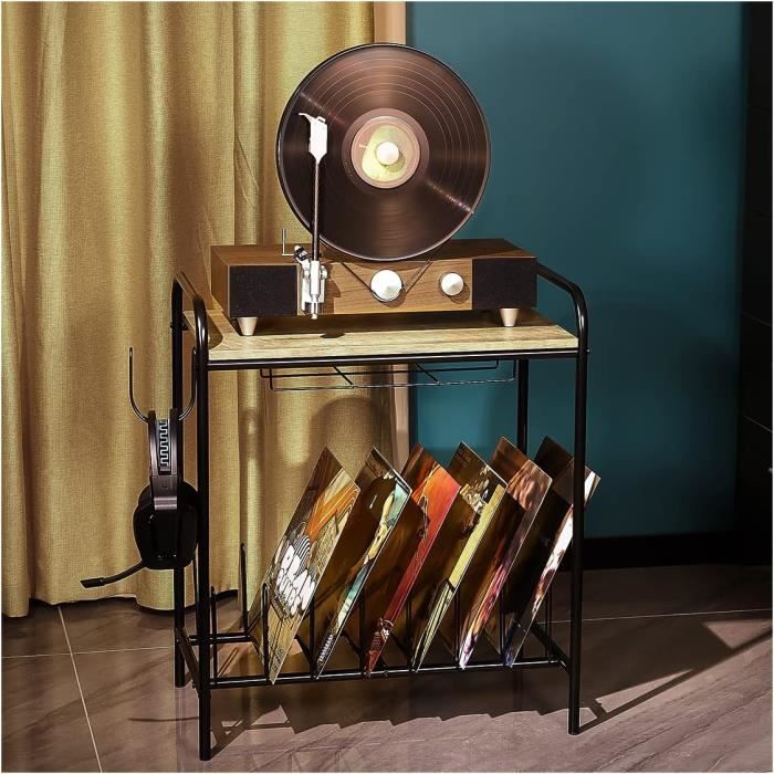 Support 2 Niveaux Pour Platine Vinyle HOOBRO - Meuble Industriel En Bois Pour 100 Vinyles/CD - Étagères Avec Séparateurs - Noir