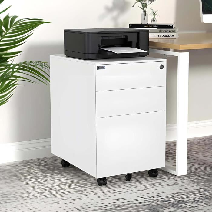 Classeur Mobile 3 Tiroirs Verrouillable DlandHome – Rangement Bureau Blanc Sur Roulettes