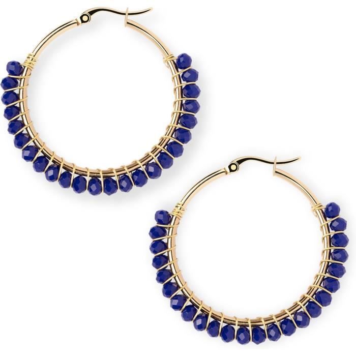 Boucles D'oreilles Créoles Femme En Acier Doré Avec Pierre Améthyste Violette - Modèle V5