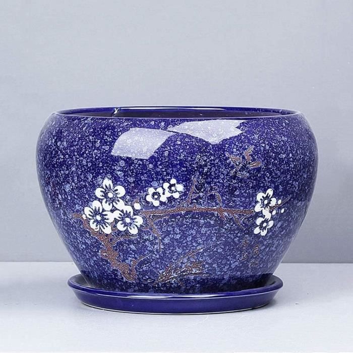 Rishx Bleu d'europe Céramique Pot de Fleurs avec Drainage Trou, en céramique émaillée de Fleurs Container Bureau Cache-Pot[S518]
