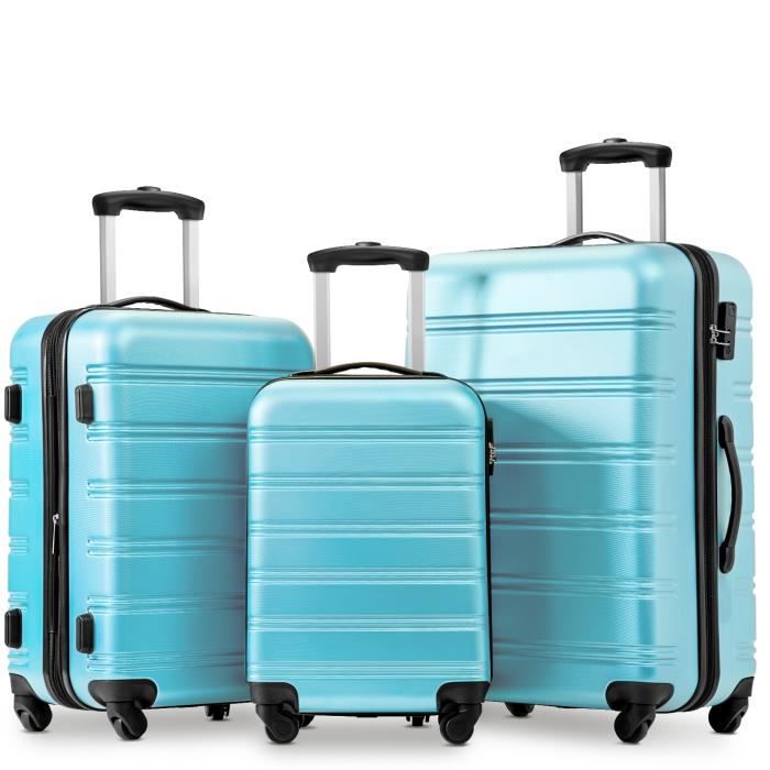 Set valise rigide - Trolley - Roulette silencieuse 360° - Matériau ABS avec serrure - Bleu