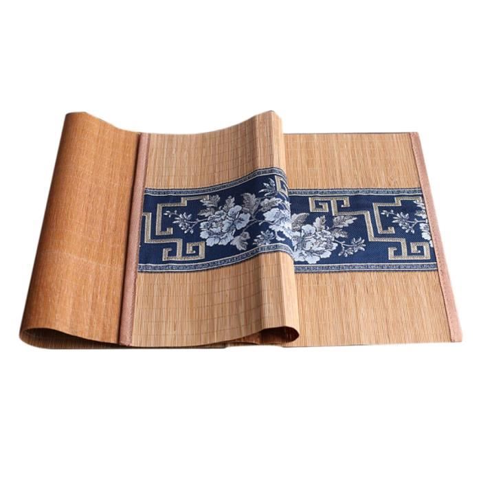 Chemin De Table Bambou Naturel - Motif Japonais - Antidérapant - 30x180cm - Bleu/or