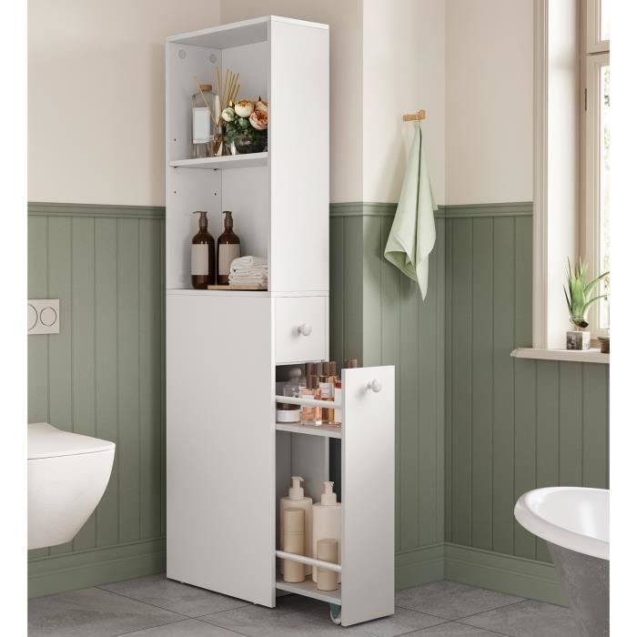 armoire de salle de bain haut avec tiroirs et étagère réglable - vasagle - style moderne - blanc classique