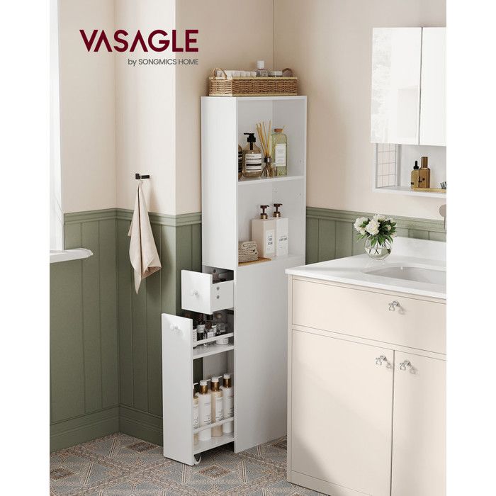 VASAGLE Meuble de Salle de Bain Haut Meuble de Rangement Fin Colonne avec Tiroirs et Étagère Réglable Armoire Placard Blanc