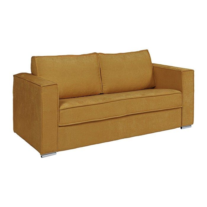 Canapé 3 places convertible express en tissu chenille jaune moutarde - Couchage à lattes larges 140 cm - Matelas 18 cm LORETO