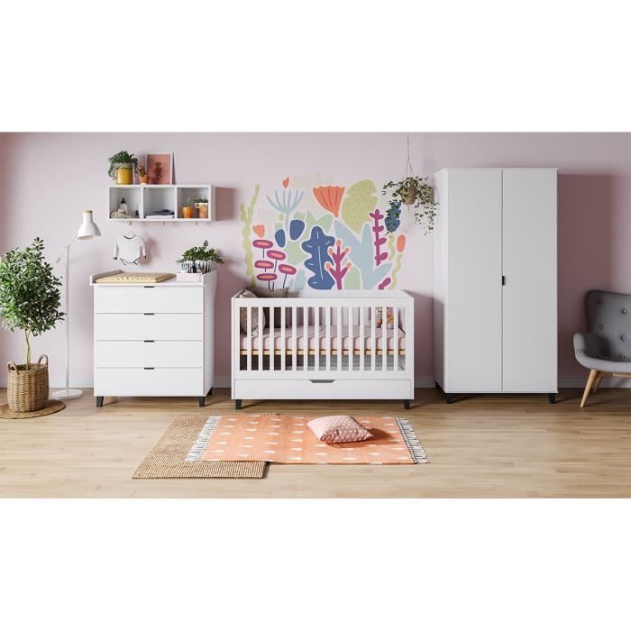 Chambre Complete Lit Evolutif 70x140 Commode A Langer Armoire 2 Portes Simple Blanc Cdiscount Pret A Porter