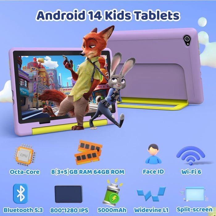 Tablette éducative Pour Enfants 7" Android 13 - 5Go RAM, 32Go ROM, Contrôle Parental, étui Antichoc Rose, Cadeau Fille Garçon - 12
