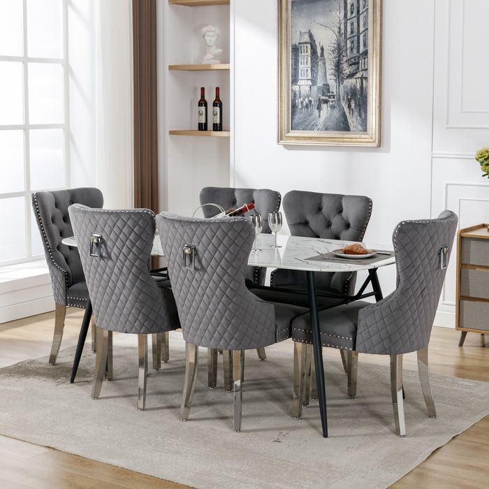 Lot De 6 Chaises De Salle à Manger En Velours - Dossier Haut, Pieds En Bois - Supporte 130 Kg - Style Rétro Avec Rivets - Beige