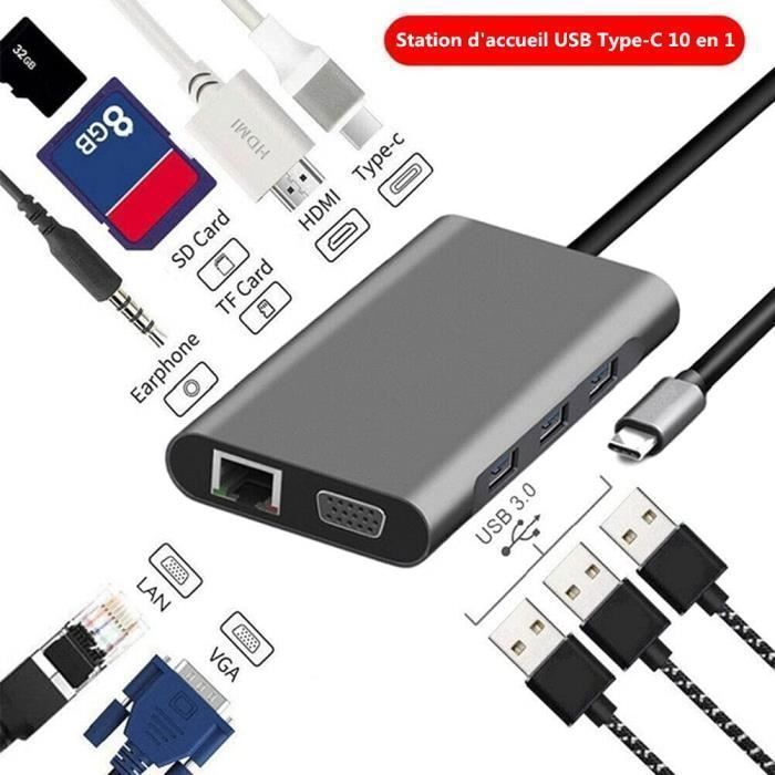 Hub USB-C à 10 Ports - 8x USB-A et 2x USB-C - Hub USB Type-C Auto-Alimenté  avec Bloc d'Alimentation 65W - USB 3.1 10Gbps - Hub USB avec câble de