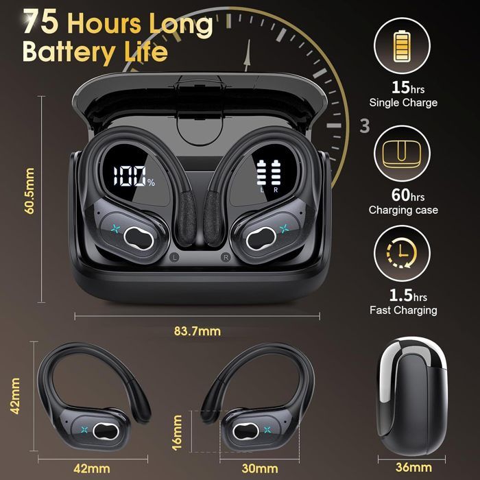 Ecouteurs Bluetooth sans Fil Sport, 2024 Écouteur Bluetooth 5.3 HiFi Stéréo avec 4 ENC Réduction Antibruit Mic, Oreillette Bluetooth Running IP7 Étanche 50H Basses Profondes Casque Bluetooth Écran LCD