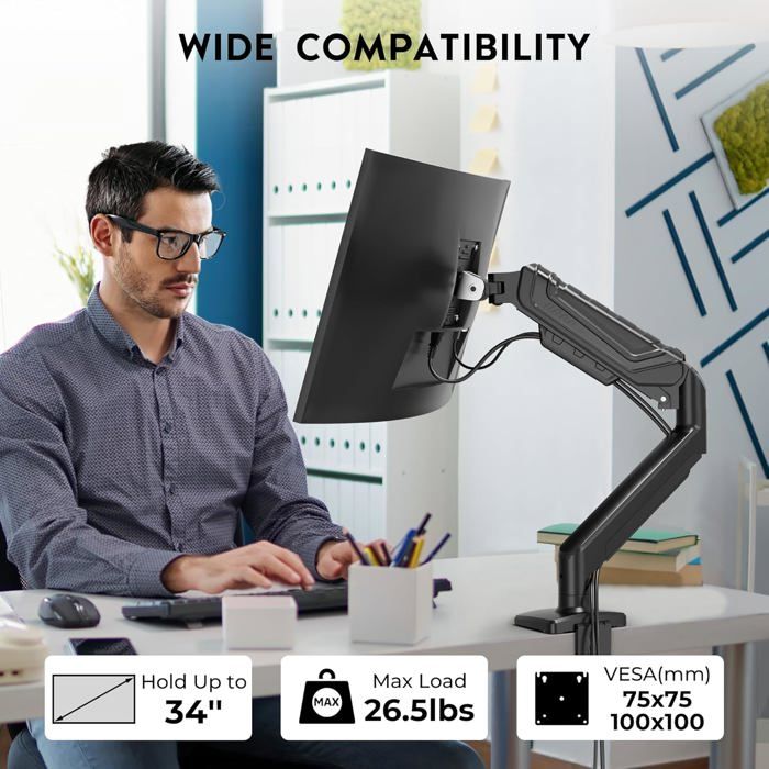 Support Écran PC Ergonomique Avec Bras à Gaz - Compatible 15 à 34 Pouces (jusqu'à 12 Kg) - Réglage Hauteur, Inclinaison, Rotation - VESA 75/100