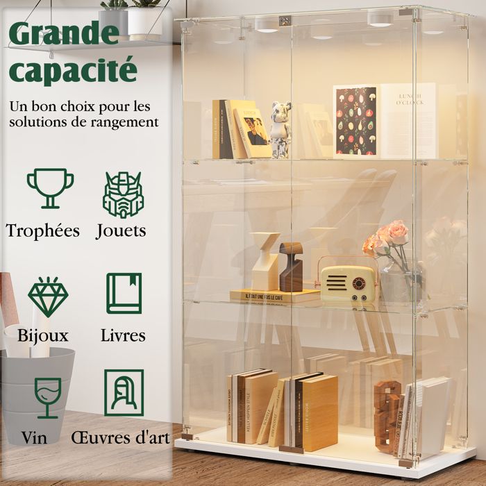 Vitrine blanche brillante 60×35×180 cm avec éclairage LED, 3 tiroirs, porte en acrylique et étagères en verre trempé | Leroy Merlin