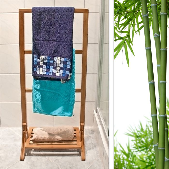 Relaxdays Porte-Serviettes Sur Pied 3 Barres – Design Bambou & Métal Blanc, Idéal Salle De Bain Ou Chambre, 98 X 62 X 30 Cm