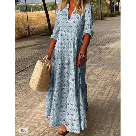 Robe Femme Ete Longue Boheme Manches Courtes Col en V Elegante Taille Haute Cocktail Soiree Rose Marque