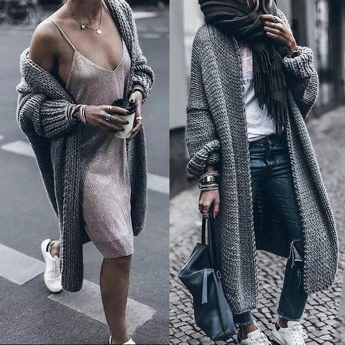 Gilet Femme Cardigan en laine d hiver solide chauve souris pull long lache epais Gris Femme