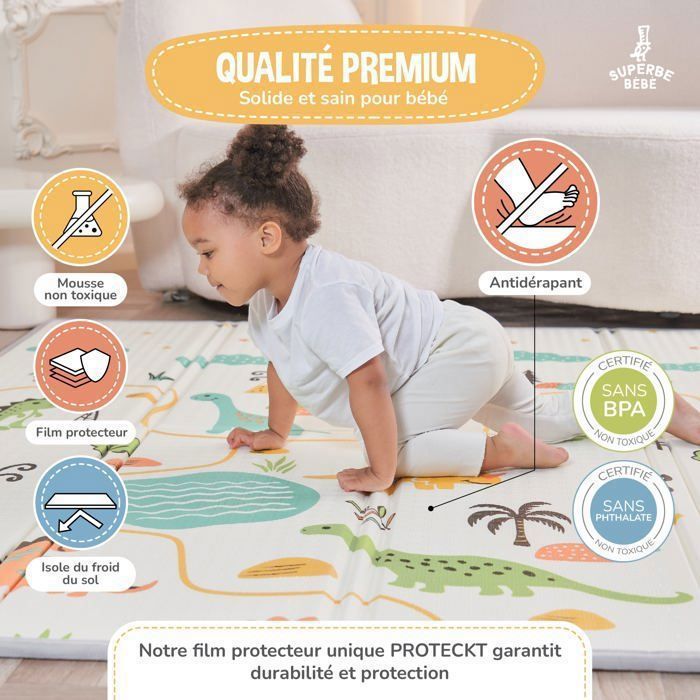 Tapis D'Éveil Bébé XXL 180x200x1cm - Tapis De Sol Épais Pliable Réversible Imperméable XPE Avec Sac De Transport - Motricité 0-6 Mois