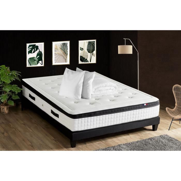CONFORTDESIGN Pack Complet Matelas 160x200 + Sommier + Couette + 2 oreillers - Ressorts - 30 cm - Fabrication française - QUATUOR