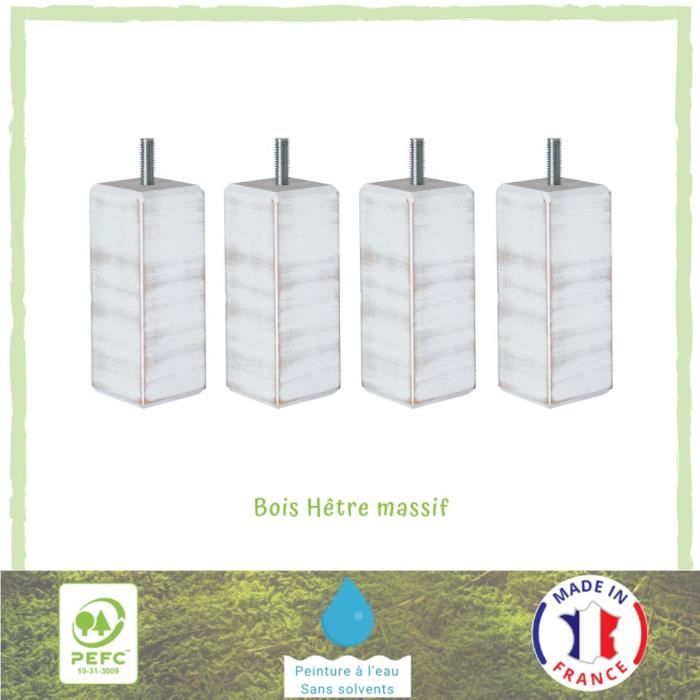 Jeu de pieds carrés brossés L 6 cm x l 6 cm H 14,5 cm - Blanc - Lot de 4