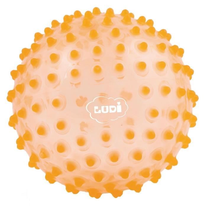 LUDI - Balle sensorielle orange pour l'éveil de bébé. Adaptée aux enfants dès 6 mois. Gros picots tendre faciles à mordiller