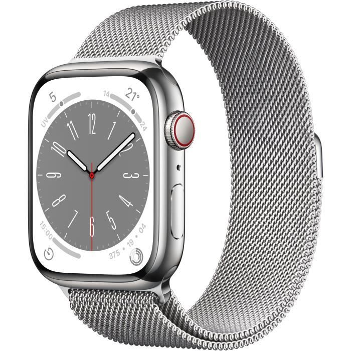 Apple Watch Series 8 GPS + Cellular - 45mm - Boîtier Silver Stainless Steel - Bracelet Silver Milanese Loop