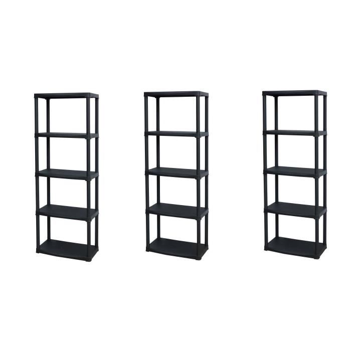 TOOD Lot de 3 Etagères en résine - 5 tablettes - 60 x 30 x 76 cm - Noir