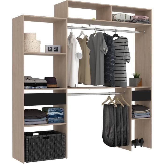 Kit dressing extensible ARTIC EKIPA - Chêne et noir - 2 penderies + 2 tiroirs + Surmeuble - L198 x P