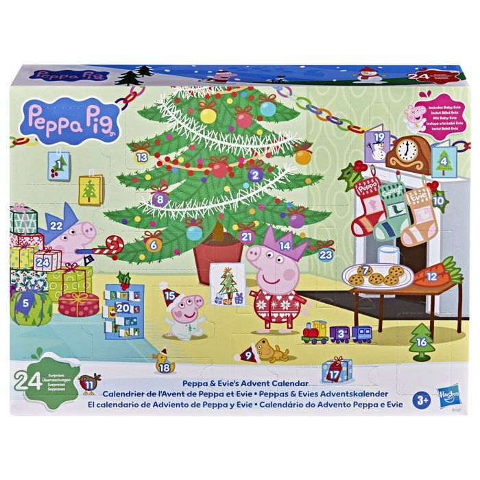 Peppa Pig Calendrier de lAvent de Peppa et Evie compte à rebours festif avec 24 surprises inclut 2 figurines jouets préscolaires