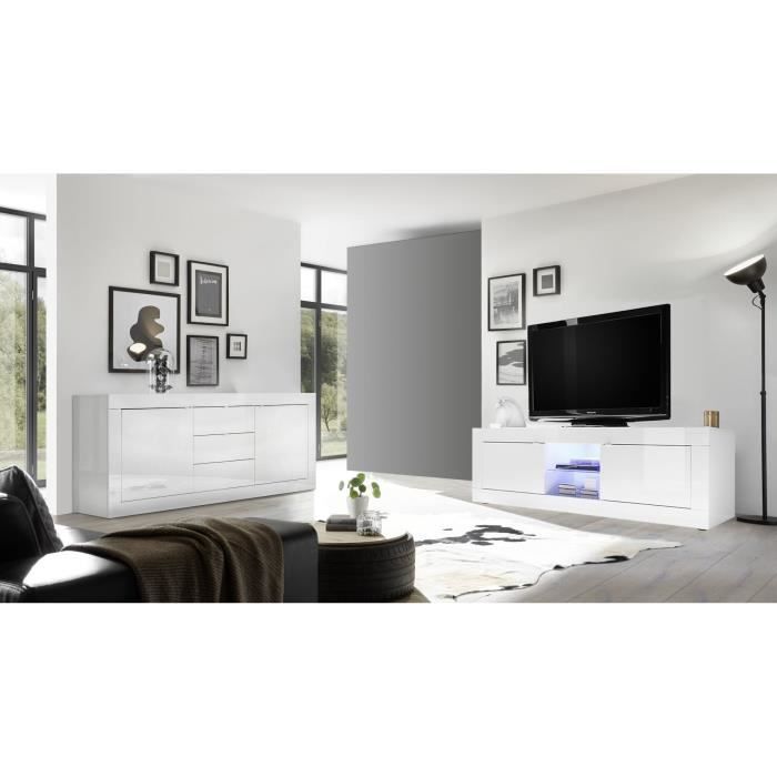  Ensemble s&eacute;jour AUCUNE BASICO blanc laqu&eacute; meuble TV 180 cm buffet 210 cm