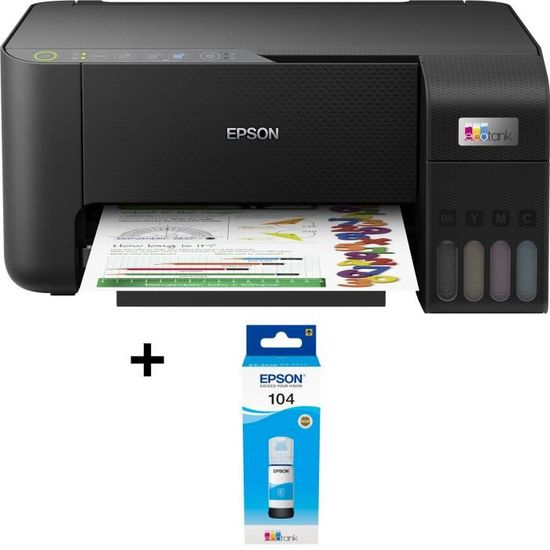 Pack EPSON: Imprimante Multifonction - Ecotank ET-2812 - Jet d'encre 3-en-1 - A4 -Couleur -Wi-Fi -C11CJ67415 + Kit EcoTank 104 Cyan