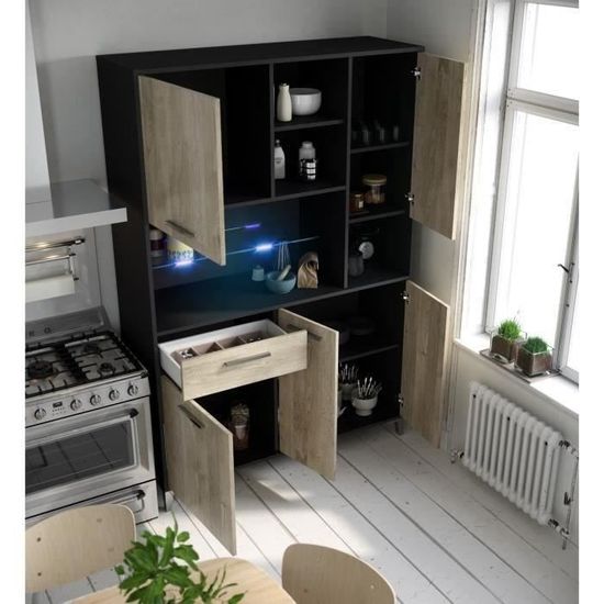 Eco Buffet De Cuisine Avec Led L 120 Cm Decor Chene Et Noir Mat