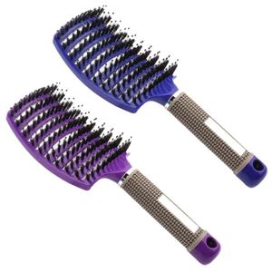 BROSSE - PEIGNE 2 Pcs Brosse à poil de sanglier-Accessoires coiffure Meilleure pour démêlage de cheveux épais et démêlant-Bleu et Violet