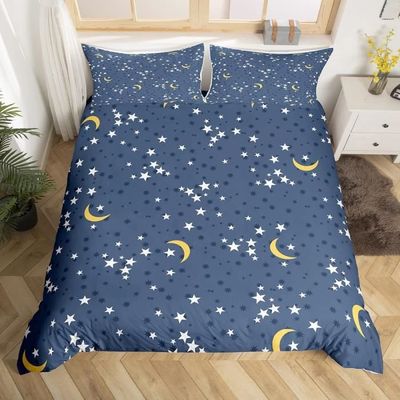 Housse De Couette 200x200 Cm Motif Nuages étoiles Lune - Microfibre Douce - Avec 2 Taies D'oreiller 65x65 Cm - Fermeture éclair Et Sangles - 2