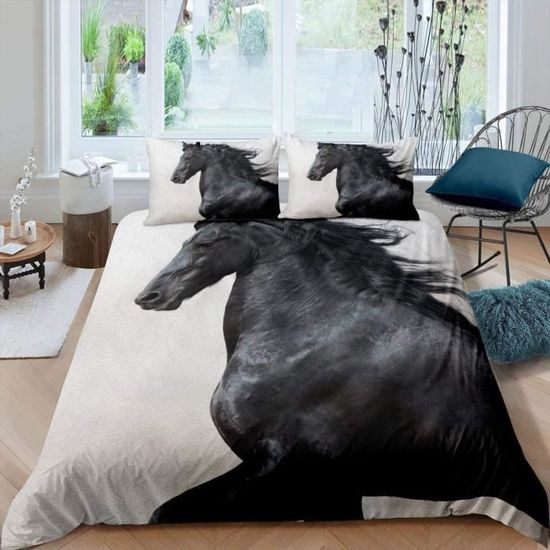 Parure De Lit 220x240 Cm Motif Cheval Et Pétales - Microfibre Douce, 2 Taies 65x65 Cm - Réversible