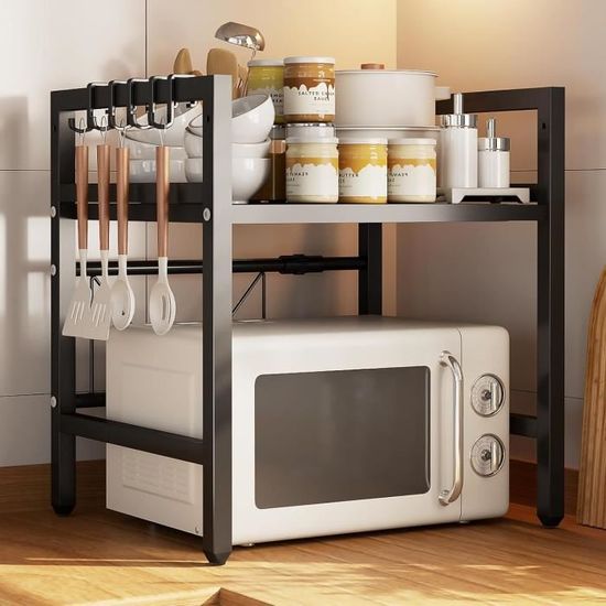 Auauraintt Support Micro-Ondes Extensible 2 Niveaux - 40-64cm Avec 6 Crochets - Noir Etagere Micro Onde Extensible