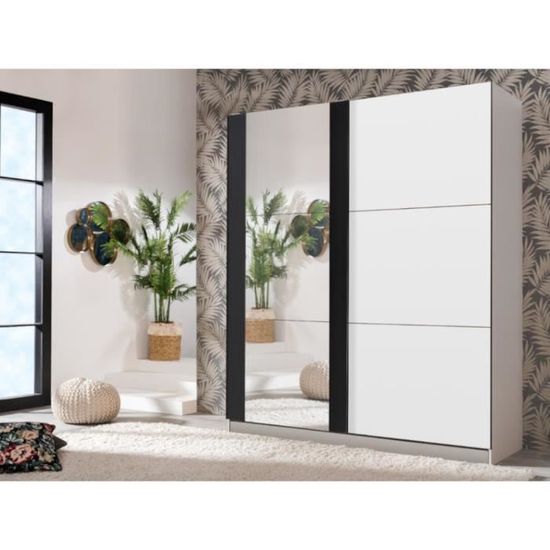Armoire VENTEUNIQUE SUTERA 2 portes coulissantes Avec miroir Blanc et noir