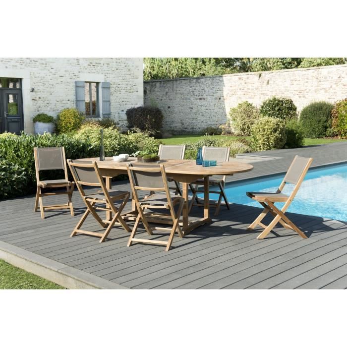 Ensemble de jardin en teck : 1 table ovale extensible 180 / 240 x 100 cm - 3 lots de 2 chaises pliantes en textilène, taupe JARDITE