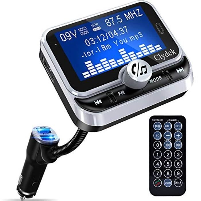 Transmetteur FM Bluetooth pour Voiture, Clydek Adaptateur de Chargeur de Voiture 1,8 - Grand écran avec Télécommande, Chargeur Rapid