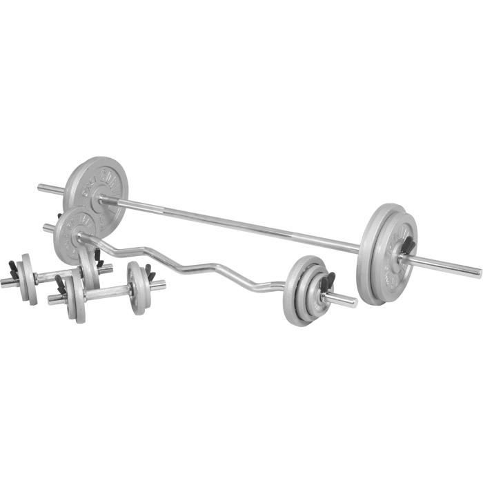 Kit d'haltères de 105,5kg barre longue de 170cm, barre curl de 120cm et deux barres courtes avec stop disques inclus