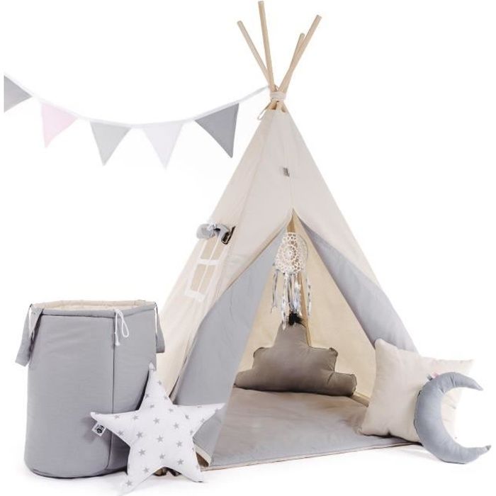 WILLY - Tente de jeu Tipi enfant - Hauteur 160 cm - Tente cabane intérieur extérieur fille garçon - 8 poteaux inclus - Beige