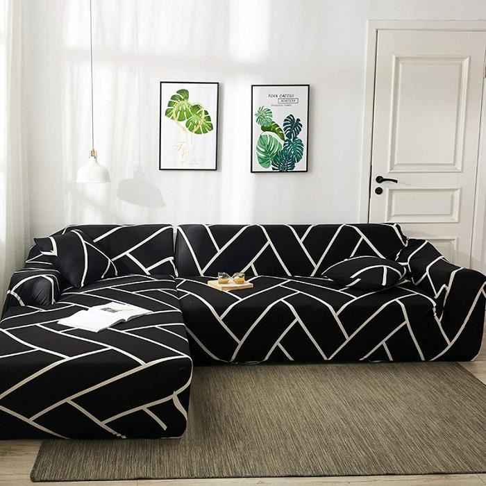 Housse De Canapé À Motif Géométrique en Treillis en Forme De L Simple Extensible Moderne, Coussin De Canapé Tout Compris Lavable Uni