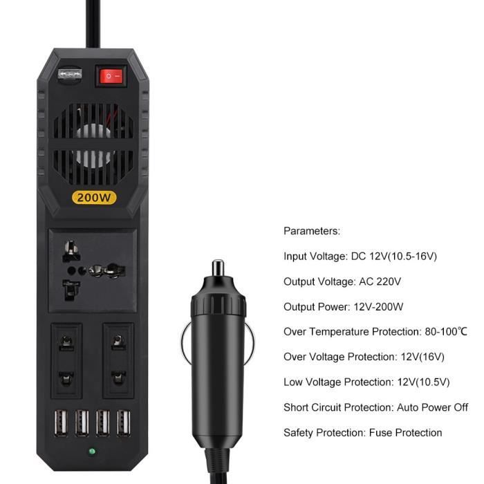 Qiilu 200W Power Inverter, Convertisseur De Voiture DC 12V à AC 220V W / Allume-cigare 4 USB Chargeur Port De Charge Universel Pour