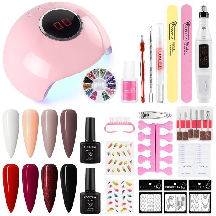 COSCELIA Kit Manicure Vernis Gels Semi Permanents UV/LED Nail Lampe Dual Light Source Mini Ponceuse Base Coat Top Coat Accesoires