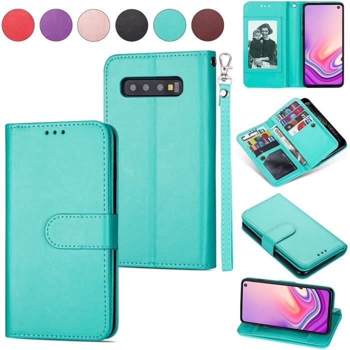 Étui Portefeuille Ultra Fin 9 emplacements pour Cartes pour Samsung S10 S10 Plus, Cuir synthétique TPU, Vert Menthe, Samsung Galaxy
