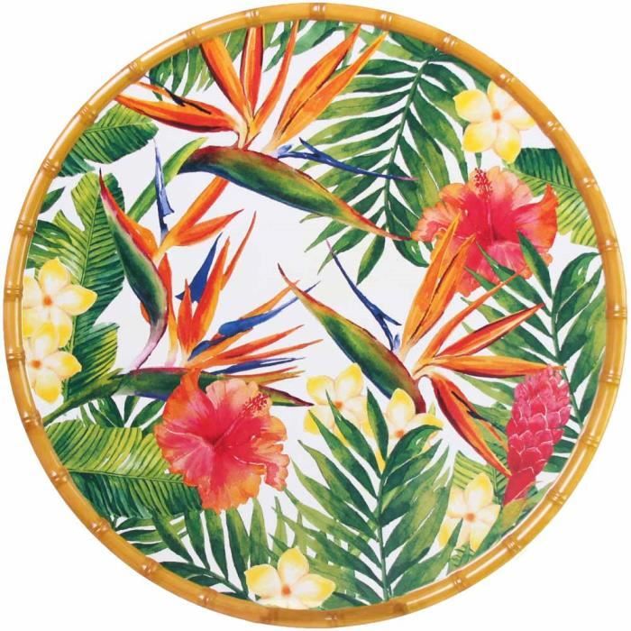 Les Jardins de la Comtesse - Plat de service rond mélamine - contour bambou - 35,5 cm - Fleurs Exotiques